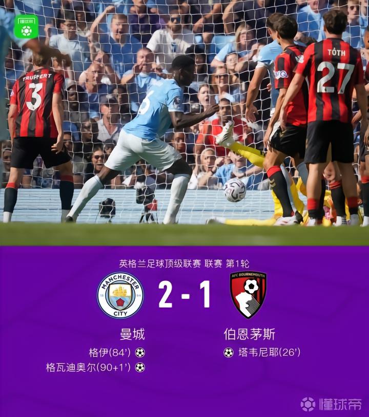 曼城2-1伯恩茅斯,格瓦迪奥尔绝杀,格伊头球扳平